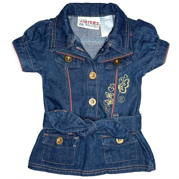 Vintage Carters Baby Girl Denim Belted Embroidered Butterfly Western Dress 12M - Picture 1 of 9